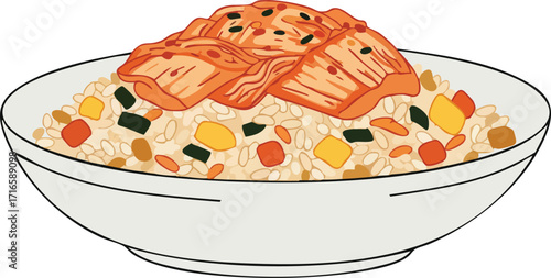 A vibrant illustration of kimchi fried rice served in a white bowl, topped with spicy fermented cabbage and mixed with colorful vegetables.