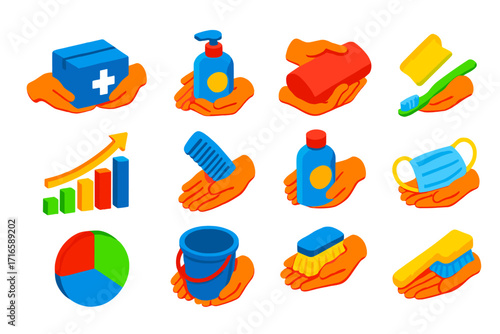 Charity Hygiene Essentials. Isometric vector illustration set charity and support: hands giving hygiene kit, hands with soap