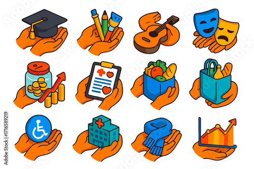 Vibrant Charity Icons. Isometric vector illustration set charity and support: hands holding graduation cap, hands giving art