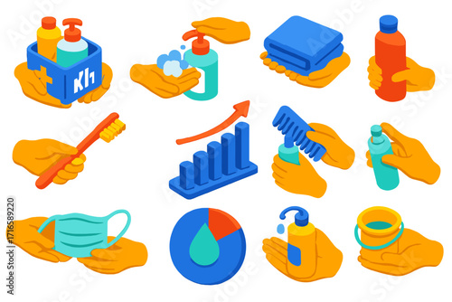 Charity Hygiene Essentials. Isometric vector illustration set charity and support: hands giving hygiene kit, hands with soap