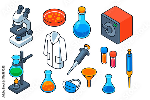 Colorful Lab Equipment Icons. Isometric vector illustration set scientific lab equipment and microbiology: binocular microscope,