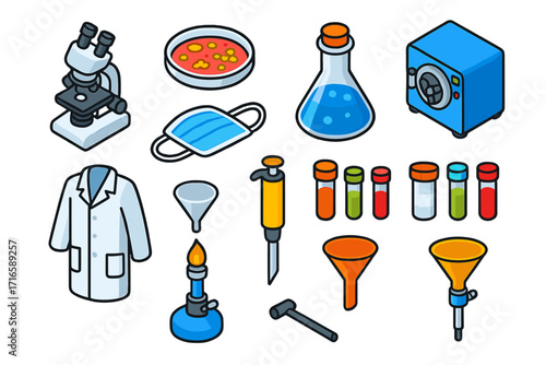 Colorful Lab Equipment Icons. Isometric vector illustration set scientific lab equipment and microbiology: binocular microscope,
