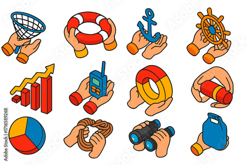 Sea Rescue Icons. Isometric vector illustration set charity and support: hands with fishing net, hands holding life preserver,