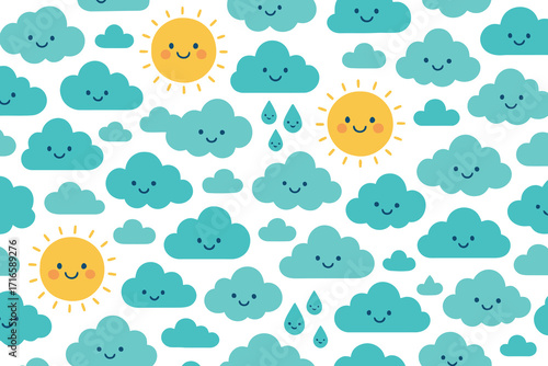 Cute cartoon sun and clouds seamless pattern with raindrops on white background