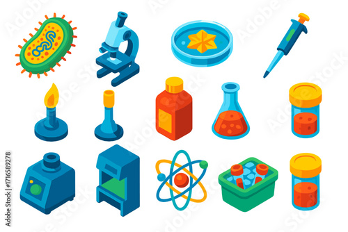 Scientific Lab Equipment Icons. Isometric vector illustration set scientific lab equipment and microbiology: bacterial cell in