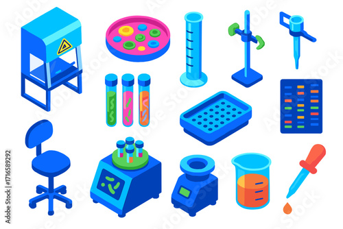 Bold Lab Equipment Icons. Isometric vector illustration set scientific lab equipment and microbiology: microbiology safety cabinet