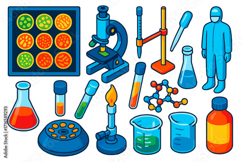 Scientific Lab Equipment Set. Isometric vector illustration set scientific lab equipment and microbiology: bacterial colony