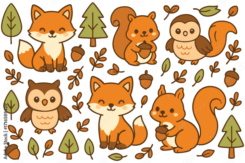 Obraz premium Cute cartoon forest animals fox owl squirrel with autumn leaves and trees