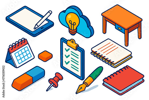 Creative Writing Tools. Isometric vector illustration set writing and ideas: tablet device, stylus pen, creative idea bulb cloud,