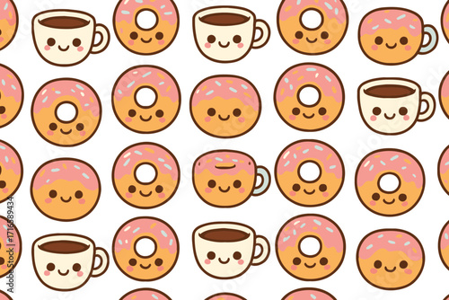 Cute kawaii donuts and coffee cups pattern seamless repeating background