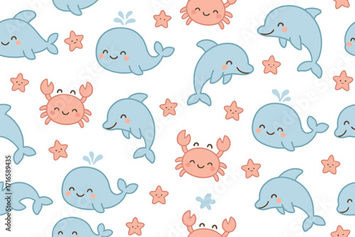 Cute kawaii ocean animals seamless pattern with dolphins whales and crabs
