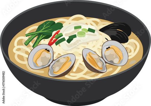An illustration of a bowl of Asian seafood noodle soup with clams, mussels, and fresh greens.