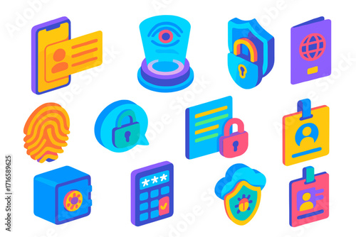 Digital Security Icons. Isometric vector illustration set digital identity and privacy: mobile ID app, retina scan hologram,