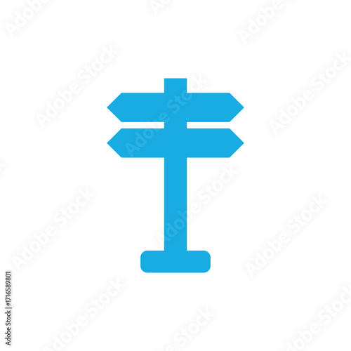 Blue directional signpost with four arrows on white background