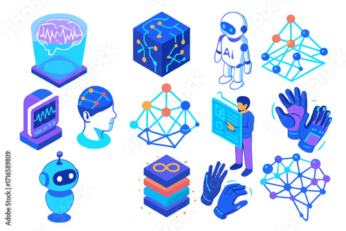 AI Technology Icons. Isometric vector illustration set artificial intelligence and brainwave technology: holographic brainwave, AI