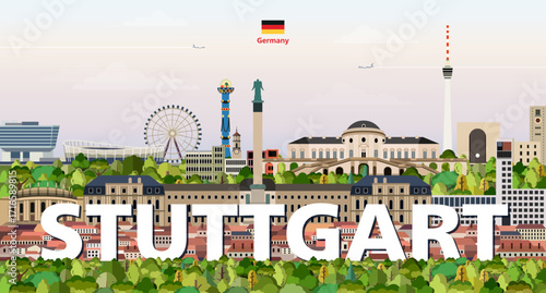 Stuttgart cityscape colorful vector illustration with a big city name on the background. Travel trendy poster