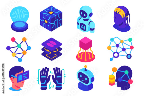 AI Technology Icons. Isometric vector illustration set artificial intelligence and brainwave technology: holographic brainwave, AI