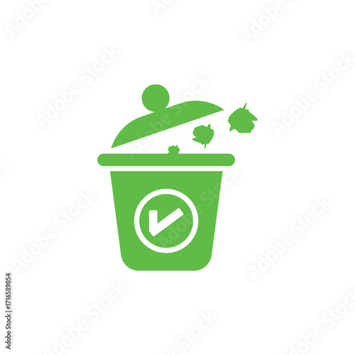 Green trash can with checkmark and overflowing contents