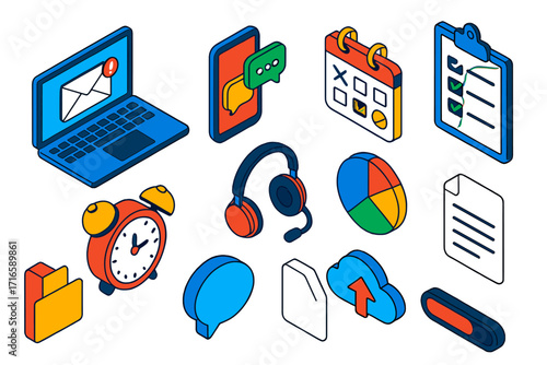 Digital Productivity Icons. Isometric vector illustration set communication and productivity: laptop with email client, smartphone