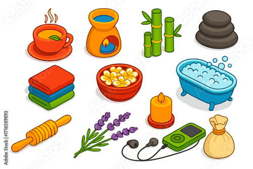 Wellness Icon Set. Isometric vector illustration set relaxation icons for wellness: herbal tea cup, oil diffuser, bamboo shoots,