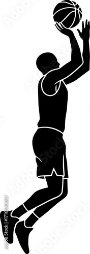 Basketball player mid-air taking jump shot, arms raised, ball above head silhouette