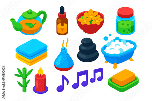 Relaxation Icons Collection. Isometric vector illustration set relaxation icons for wellness: herbal tea pot, dropper oil bottle,