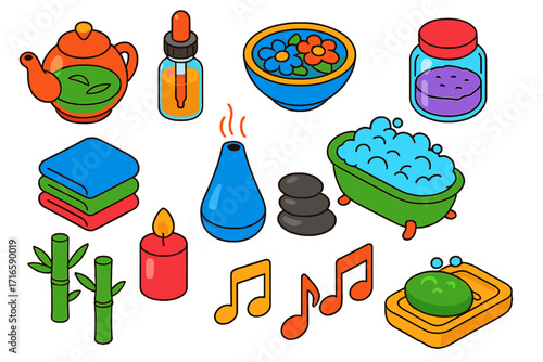 Relaxation Icons Collection. Isometric vector illustration set relaxation icons for wellness: herbal tea pot, dropper oil bottle,
