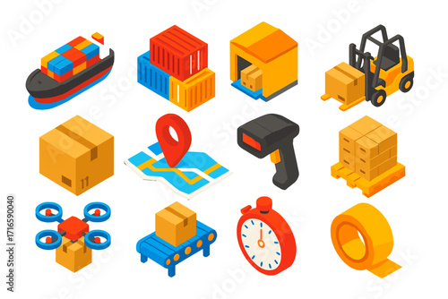 Logistics and Delivery Icons. Isometric vector illustration set logistics and delivery: freight ship, shipping containers,