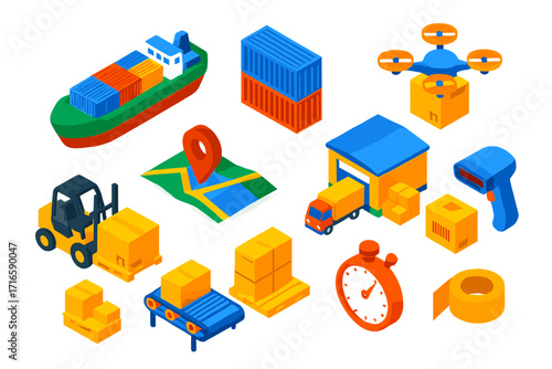 Logistics and Delivery Icons. Isometric vector illustration set logistics and delivery: freight ship, shipping containers,