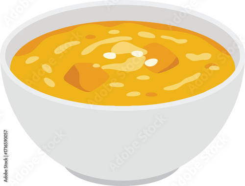 A simple white bowl filled with a creamy orange vegetable soup, possibly pumpkin or butternut squash, with chunks.