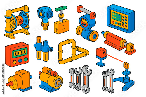 Industrial Automation Icons. Isometric vector illustration set industrial automation: diaphragm pump, pressure transmitter, needle