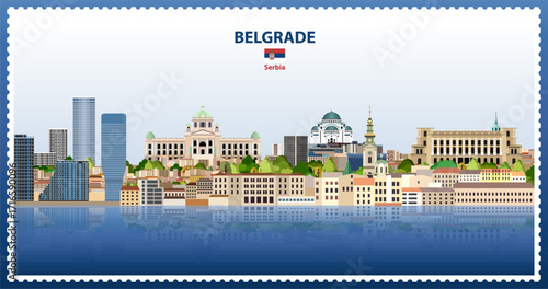 Belgrade city skyline on beautiful day sky background with a frame border in postmark style. Vector illustration