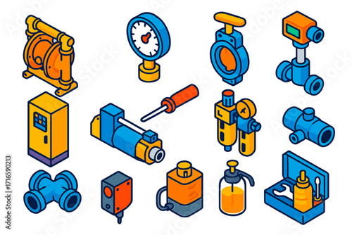 Industrial Automation Icons. Isometric vector illustration set industrial automation: diaphragm pump, pressure dial, butterfly