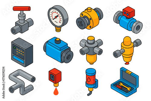Industrial Automation Icons. Isometric vector illustration set industrial automation: needle valve, analog pressure gauge, gear