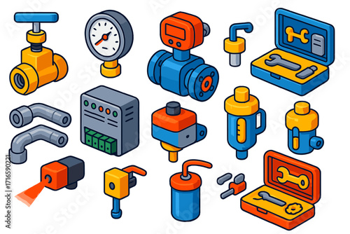 Industrial Automation Icons. Isometric vector illustration set industrial automation: needle valve, analog pressure gauge, gear