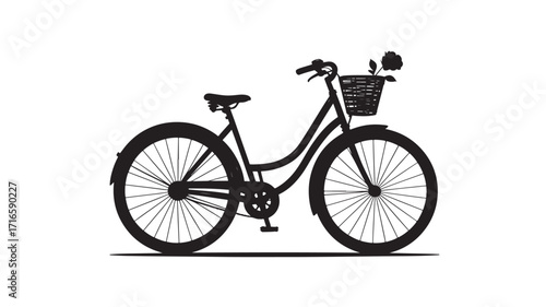 Black silhouette of a vintage bicycle with a basket and flowers representing a carefree lifestyle and summer adventures