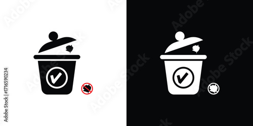 Trash can icon with check mark and red dot on white and black backgrounds