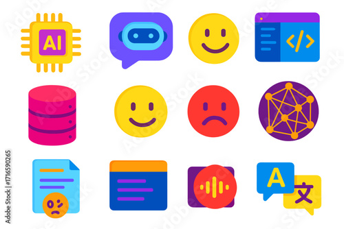 AI Technology Icons. Isometric vector illustration set AI, chat, code, NLP, database, sentiment: AI microchip, chat bubble with