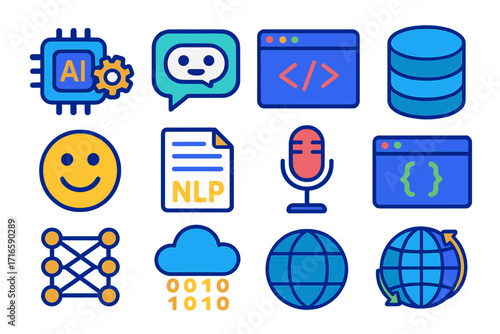 Colorful Tech Icon Set. Isometric vector illustration set AI, chat, code, NLP, database, sentiment: AI gear circuit, chatbot