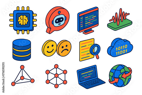 AI Tech Icon Set. Isometric vector illustration set AI, chat, code, NLP, database, sentiment: AI chip brain, chat bubble bot icon,