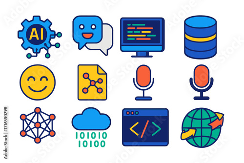 Colorful Tech Icon Set. Isometric vector illustration set AI, chat, code, NLP, database, sentiment: AI gear circuit, chatbot