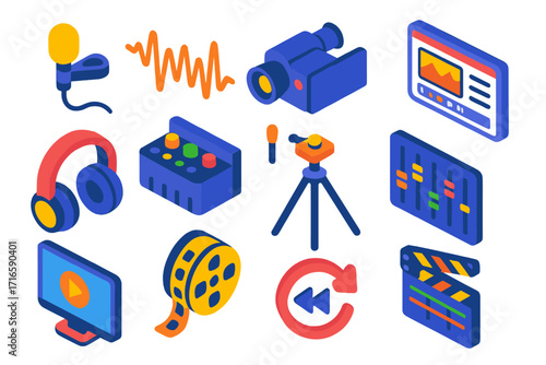 Multimedia Icon Set. Isometric vector illustration set multimedia icons for recording and editing: lavalier microphone, waveform