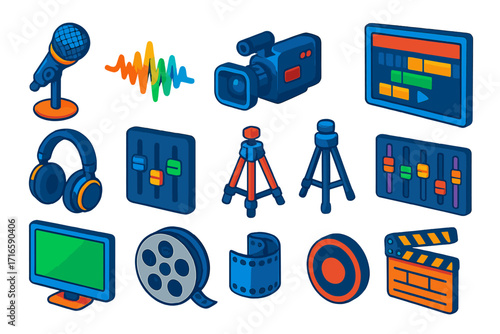 Multimedia Production Icons. Isometric vector illustration set multimedia icons for recording and editing: stage microphone,