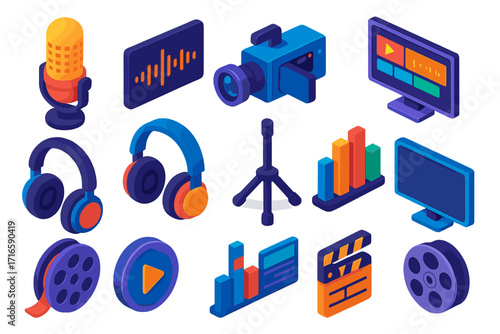 Vibrant Multimedia Icons. Isometric vector illustration set multimedia icons for recording and editing: dynamic studio mic,