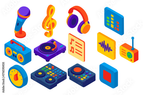 Vibrant Audio Icon Set. Isometric vector illustration set audio and music icons for digital applications and interfaces: vocal mic
