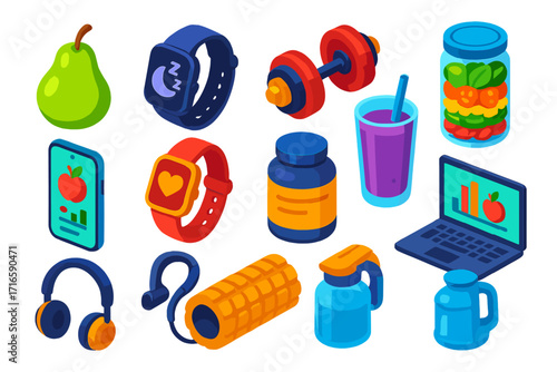 Vibrant Health Icons. Isometric vector illustration set food, technology, and health themes: pear, smartwatch with sleep tracker,