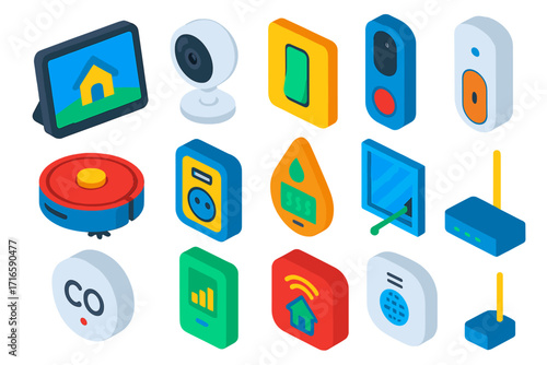 Smart Home Icons. Isometric vector illustration set smart home icons: smart display, indoor surveillance camera, smart light