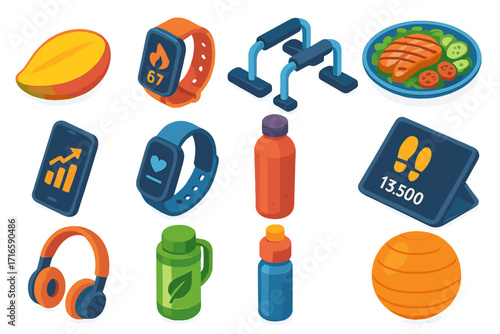 Isometric Fitness Essentials. Isometric vector illustration set food, technology, and health themes: mango slice, smartwatch