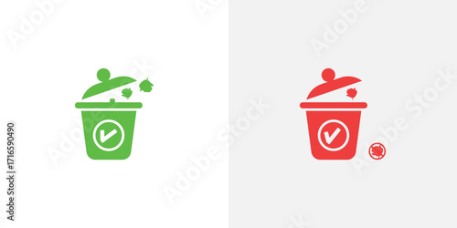Green and red trash can icons with checkmarks