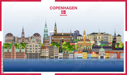 Copenhagen city skyline with a frame border in the colors of the flag of Denmark. Vector illustration